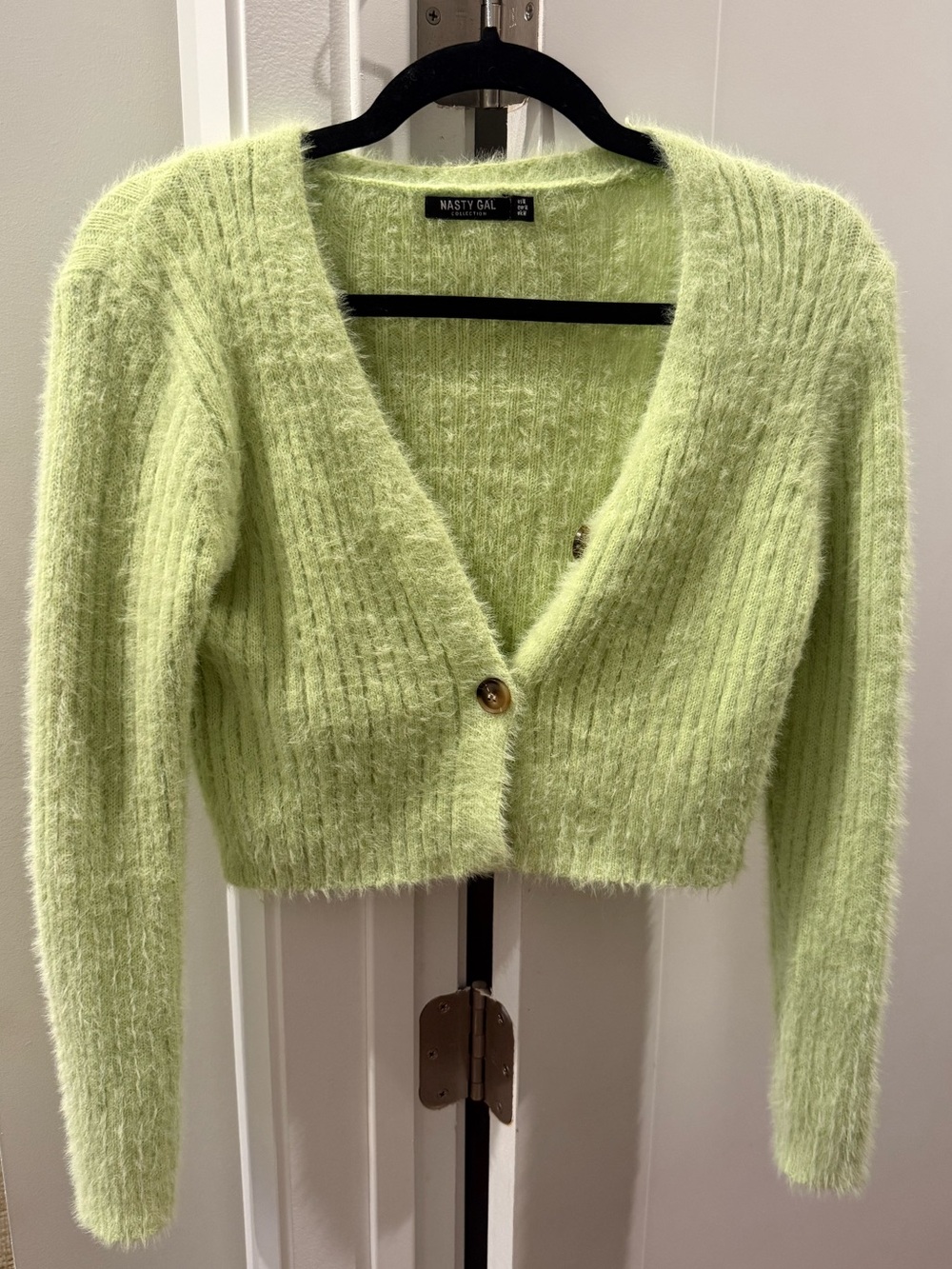 Nasty Gal Lime Green Fuzzy Cropped Cardigan with Tortoiseshell Buttons